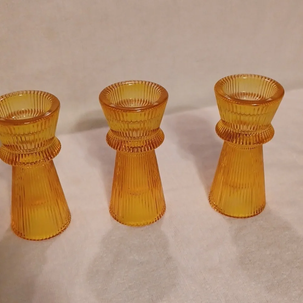 Amber Glass Candle Holders Set, Set Of 3 Heavy Glass